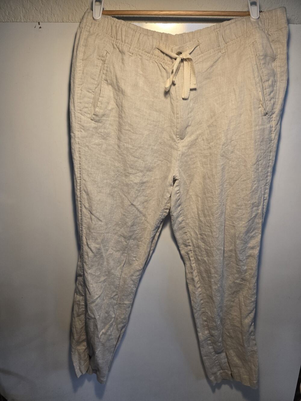 Tasso Elba Linen Pants Women's Large Straight Leg Drawstring Natural Khaki Tan
